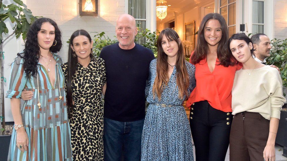 (L-R) Rumer Willis, Demi Moore, Bruce Willis, Scout Willis, Emma Heming Willis and Tallulah Willis attend Demi Moore's 'Inside Out' Book Party on September 23, 2019 in Los Angeles, California
