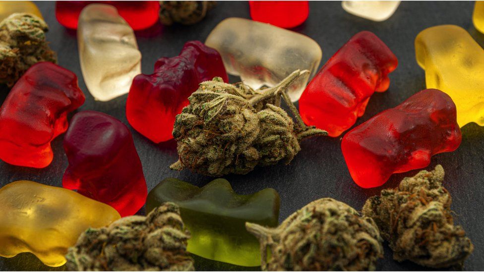 Cannabis sweets - known as 'gummies' next to cannabis.