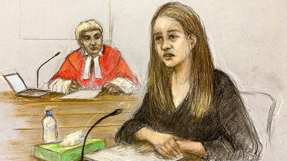 Court artist sketch by Elizabeth Cook of Lucy Letby giving evidence in the dock at Manchester Crown Court