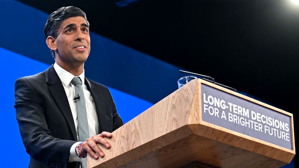 Rishi Sunak give a speech at the Conservative conference on 4 October