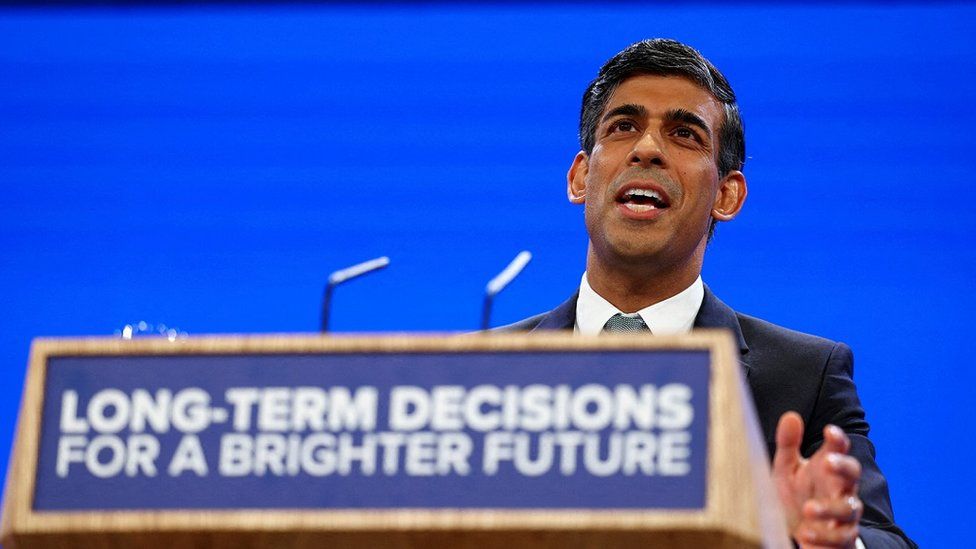 An image showing Prime Minister Rishi Sunak addressing the Conservative Party Conference in Manchester